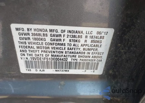 2013 Acura Ilx 2.0L from USA, damaged, VIN 19VDE1F51DE004432